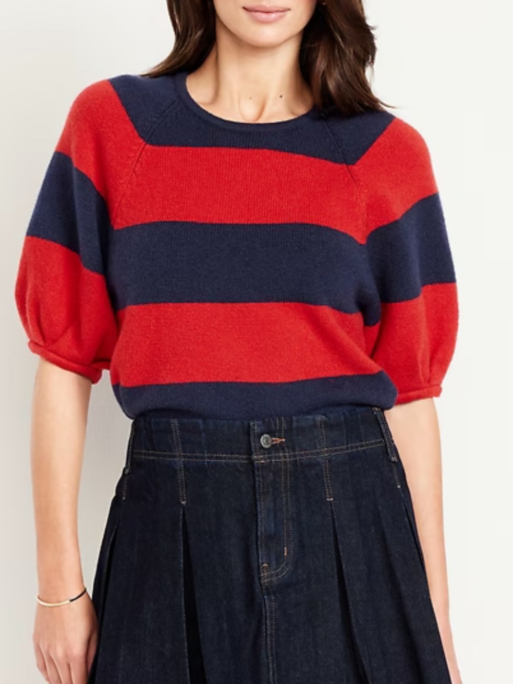 Old Navy SoSoft Cropped Puffed-Sleeve Sweater in Red and Navy Wide-Stripe